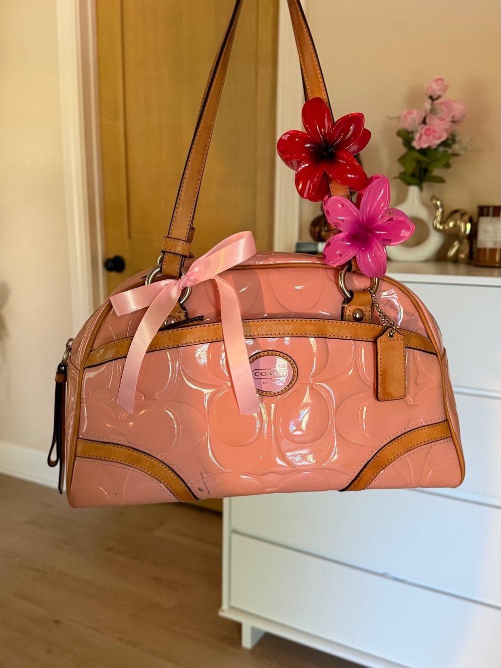 Coach Pink Patent Dome Shoulder Bag with Tan Trim